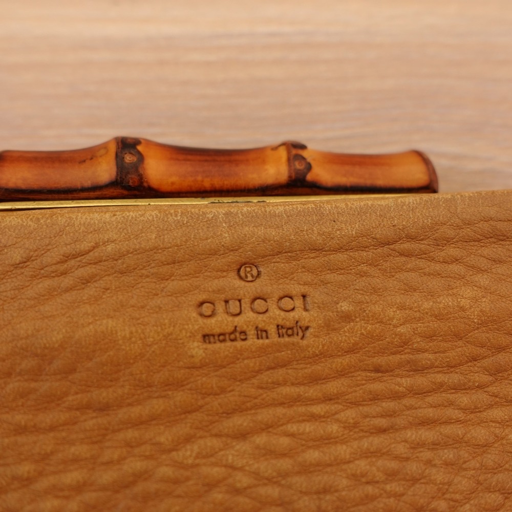 Vintage GUCCI Coin Purse Tan Bamboo Clasp Italian Pebbled Leather Wallet Pouch - Picture 4 of 14